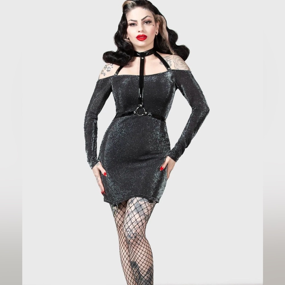 Killstar Black Glitter Off-Shoulder Harness Mini Dress